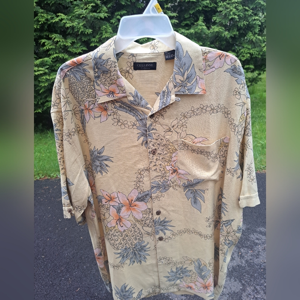 Cellini Men’s Tropical Pineapple  100% Silk Casual Button Down Beach Shirt Sz L